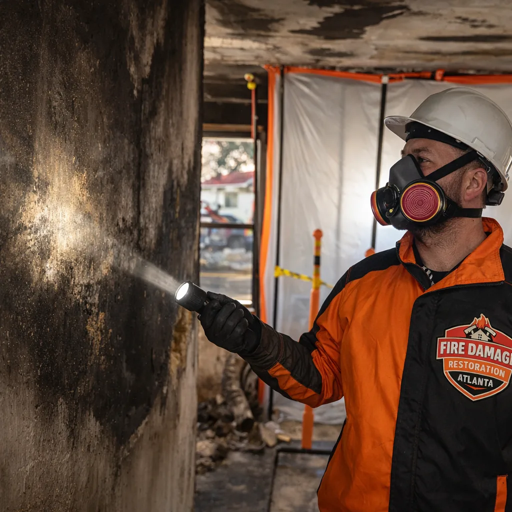 Restoration technician in protective gear assessing fire and smoke damage in an Atlanta home with a contained work area