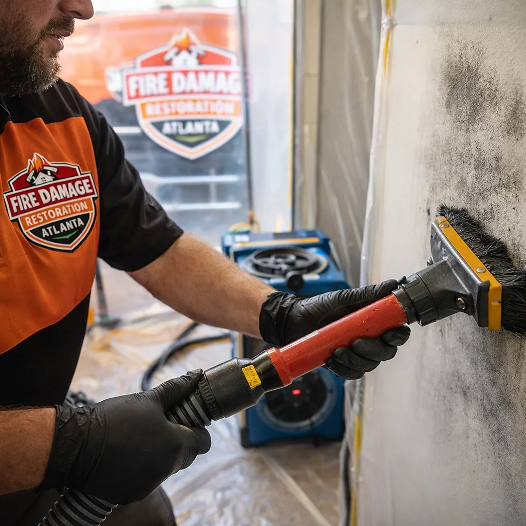 Professional soot residue removal from a wall with containment and an air scrubber in the work area