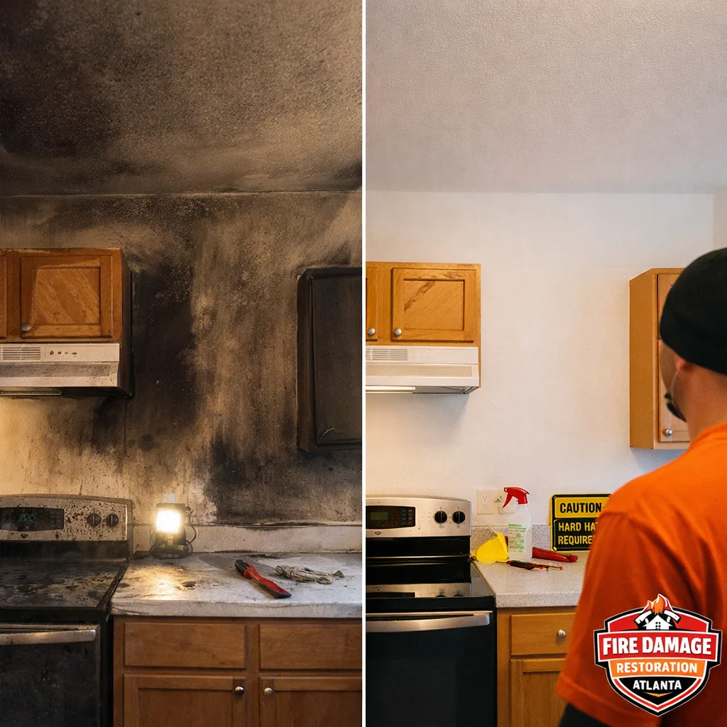 Before and after view of a kitchen wall and ceiling with heavy soot staining, followed by cleaned and repainted finishes