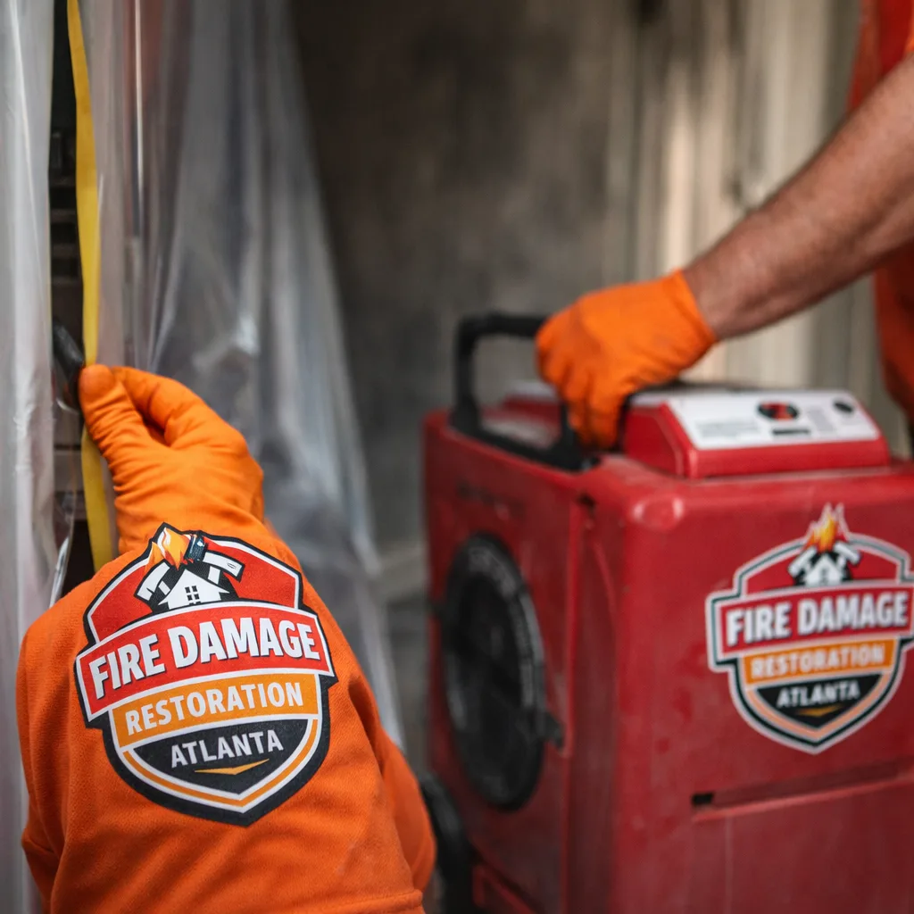 Technician installing a plastic containment doorway and positioning a HEPA air scrubber in a smoke-affected hallway