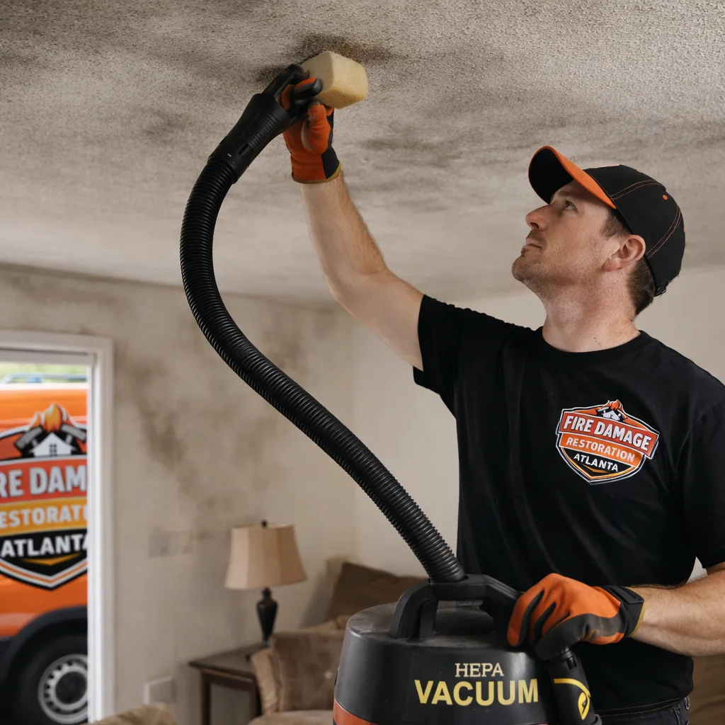 Technician using a HEPA vacuum and dry chemical sponge on a smoke-stained living room ceiling