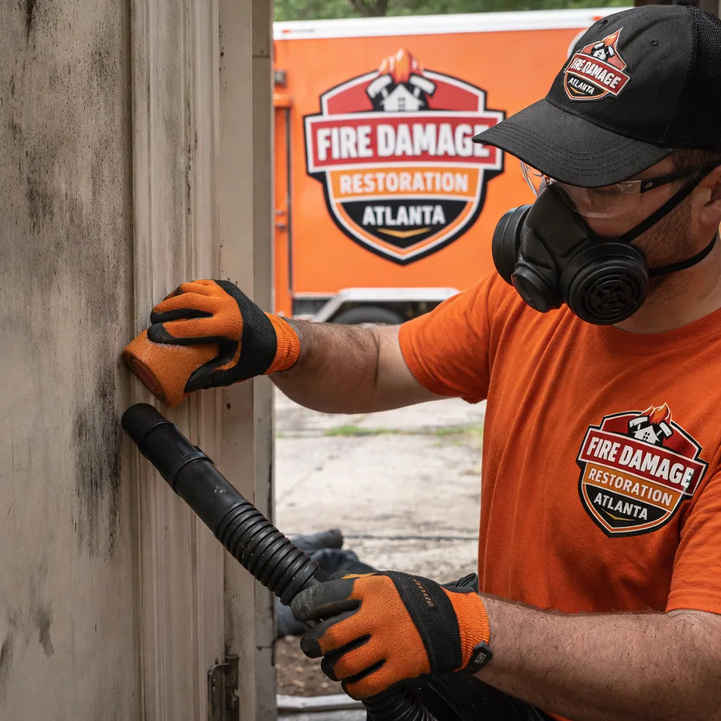 Technician using HEPA vacuuming and controlled dry cleaning on soot-stained drywall and trim