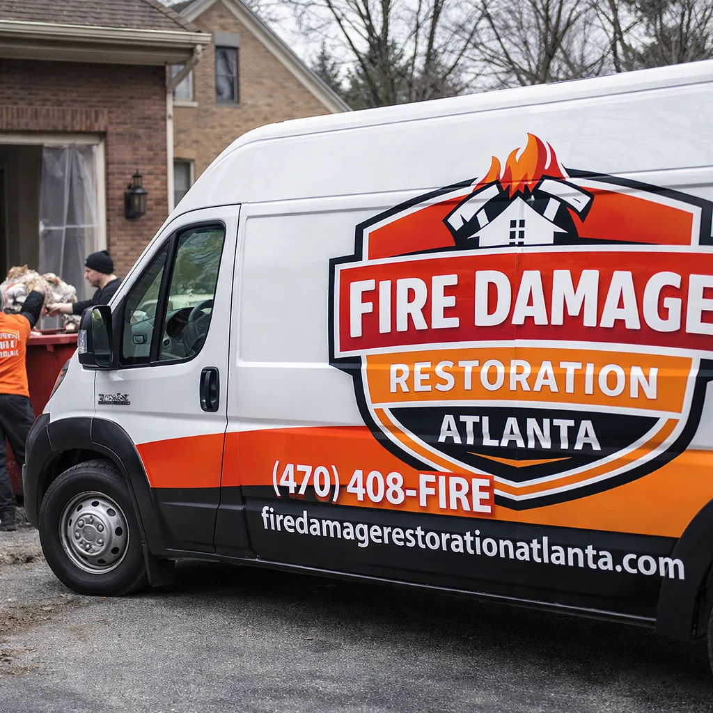 Technicians loading removed drywall and insulation into a debris container outside a residential property with doorway containment visible