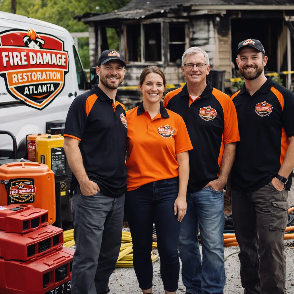 Fire Damage Restoration Atlanta crew beside a work vehicle and restoration equipment staged for a cleanup job
